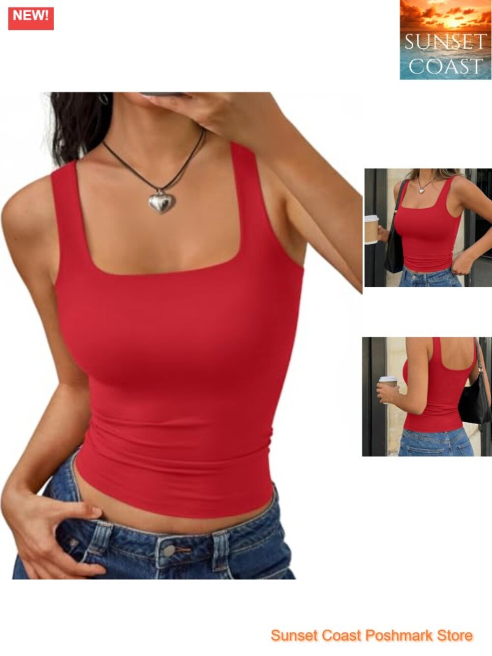 Double Lined Square Neck Tank Top Sleeveless Slim Fit Summer